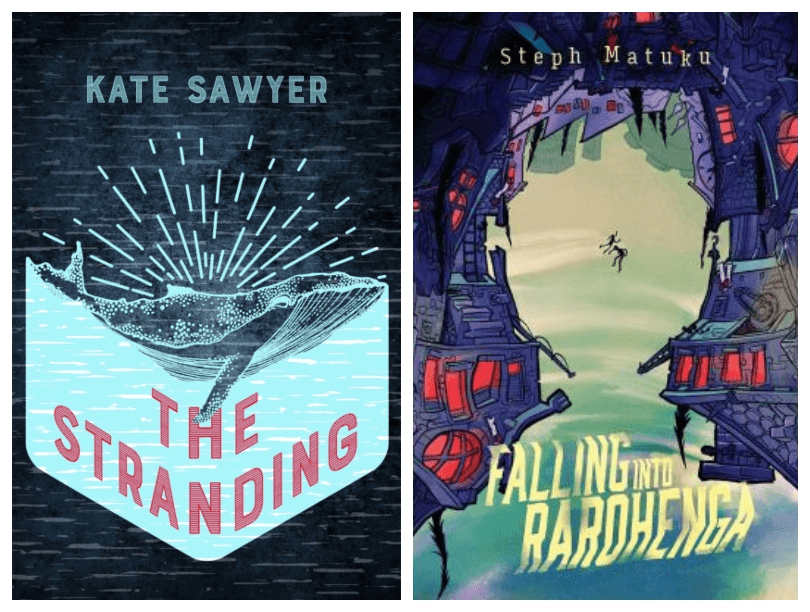 Two book covers, one an illustration of a whale with a radiant sunset behind it; the other an illustration of two figures falling down through a chasm of sky. 