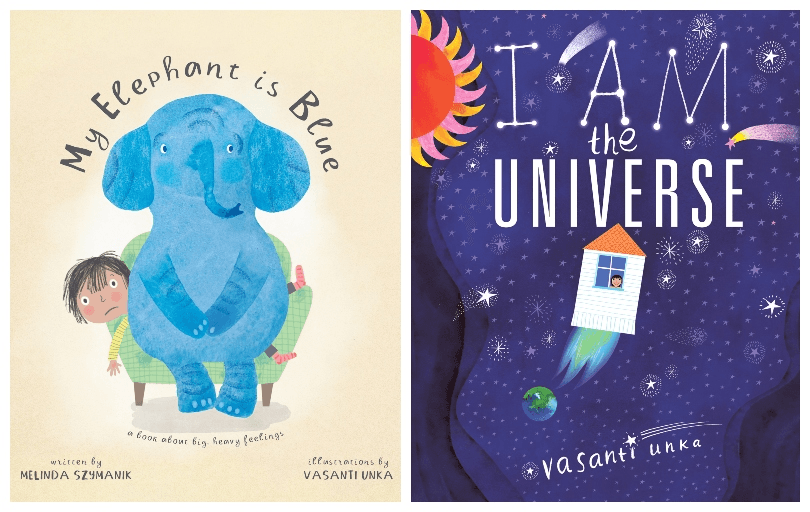 Two picture book covers, one showing an elephant sitting on a kid, the other a rocket blasting into space