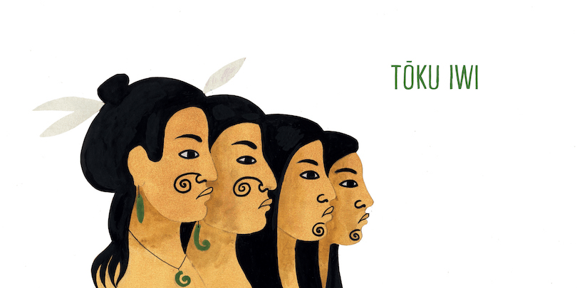 Illustration of four Māori adults, standing in a row, the words "toku iwi" on the page beside them. 