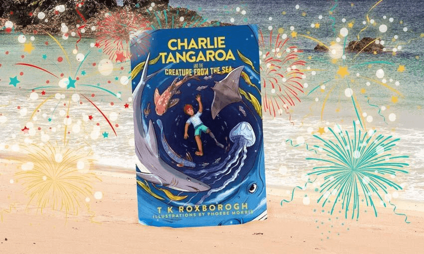 A chapter book with cover art of sea creatures is overlaid on a backdrop of fireworks, and a beach