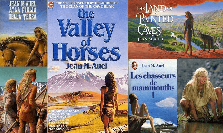 A collage of book covers, all showing a blonde woman draped in furs, a savannah, spears etc