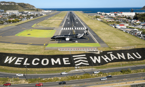 The first trans-Tasman bubble flight from Australia to Wellington lands at Wellington Airport on April 19. (Photo by Mark Tantrum/Wellington International Airport via Getty Images) 
