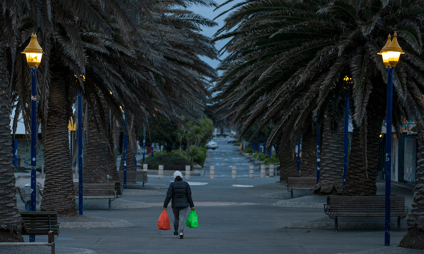 Gloomy scene of a person walking down an avenue of phoenix palms, a chocka shopping bag in each hand.