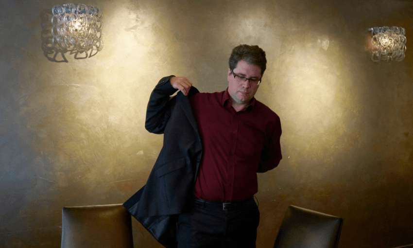 Eliot Higgins at a press conference on Bellingcat’s coverage of the MH17 flight downing. Photo by Pierre Crom/Getty Images 
