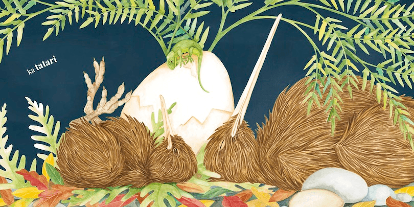 A picture book spread showing an adult kiwi sleeping, a baby kiwi looking grumpy and awake, and an egg peacefully between the two