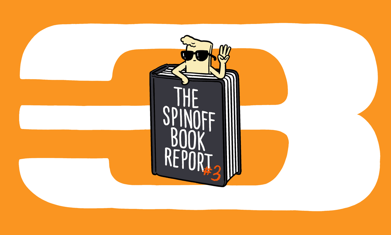 Drawing of a cool little mascot dude popping out of a book giving the peace sign; background is a huge number three, white on orange