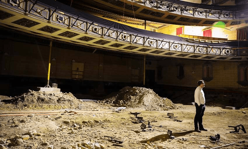 STEVE BIELBY SURVEYS THE INCOMPLETE RENOVATIONS AT AUCKLAND’S ST JAMES THEATRE. (PHOTO: SONYA NAGELS) 

