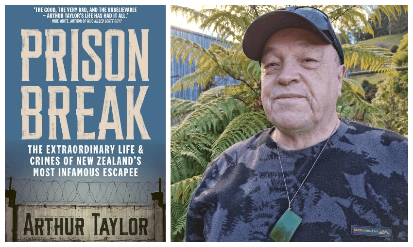 Cover of the book Prison Break, with a head and shoulders selfie of a middle-aged man wearing a camo t shirt and cap, and pounamu. 