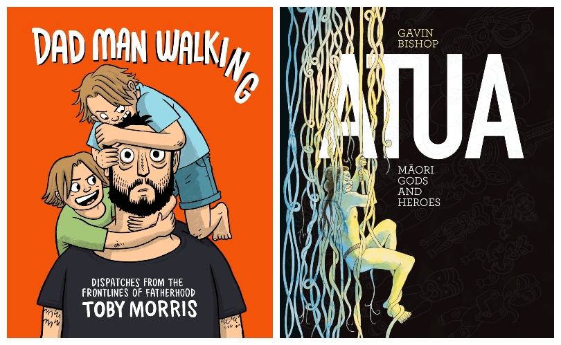 Bright orange comic cover of Dad Man Walking; beautiful black/ yellow/ blue cover of Atua