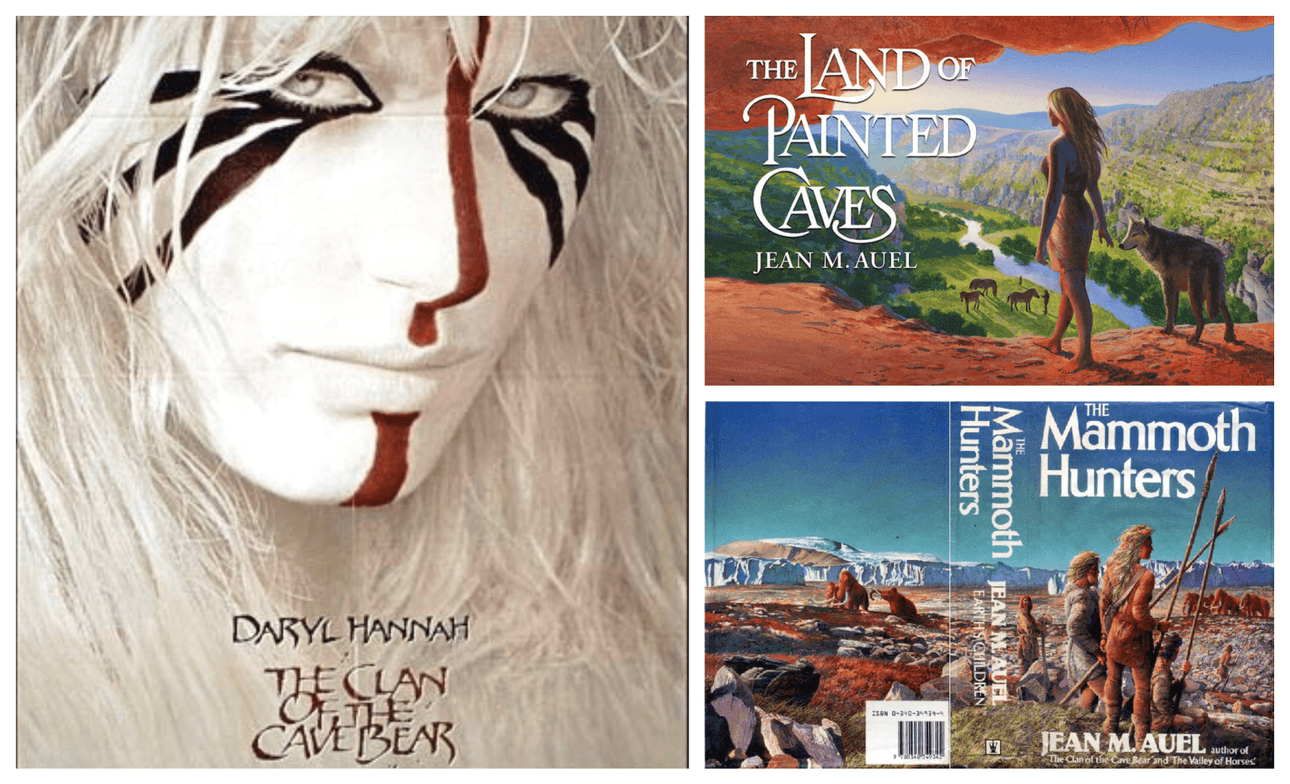 A film poster showing Daryl Hannah painted all in white with primitive red and black facepaint; two book covers showing a buxom blonde woman on the prehistoric savannah