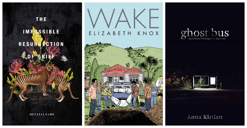 Covers of three horror novels, two dark and foreboding, one a sunny illustration of small-town NZ