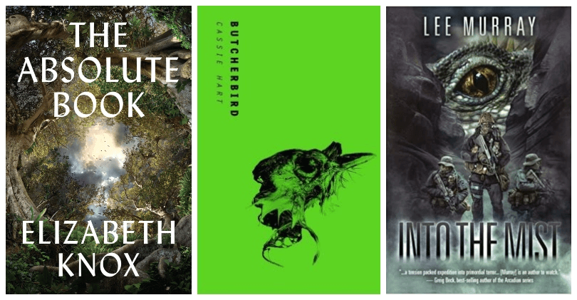 Three book covers, the middle one a stunning lurid green, the others dark