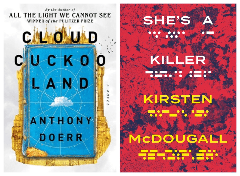 Covers of two books, one with a beautiful blue mirror on white background; one red with a yellow code tapped out under each word
