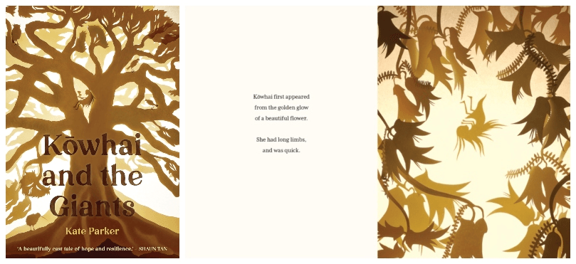 Cover and inside spread of a picture book, striking sepia tones, all papercut, showing a giant tree and a tiny girl among leaves