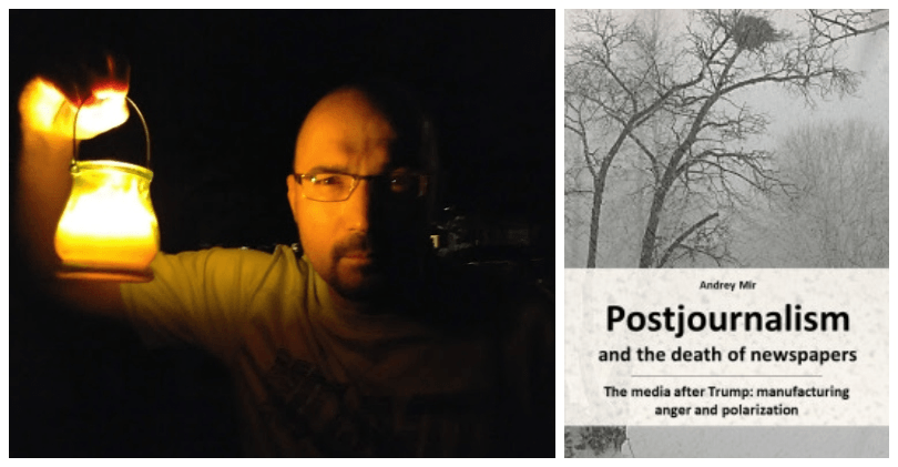 Photo of a man holding a lamp, looking to camera, plus a black and white book cover