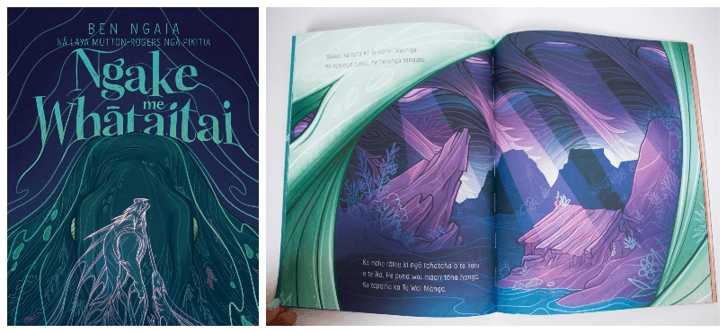 Cover and spread from a picture book. The language is te reo Māori, the colour palette is pāua, and art shows a rocky shore, big waves, a whare, and light beaming down from above. 