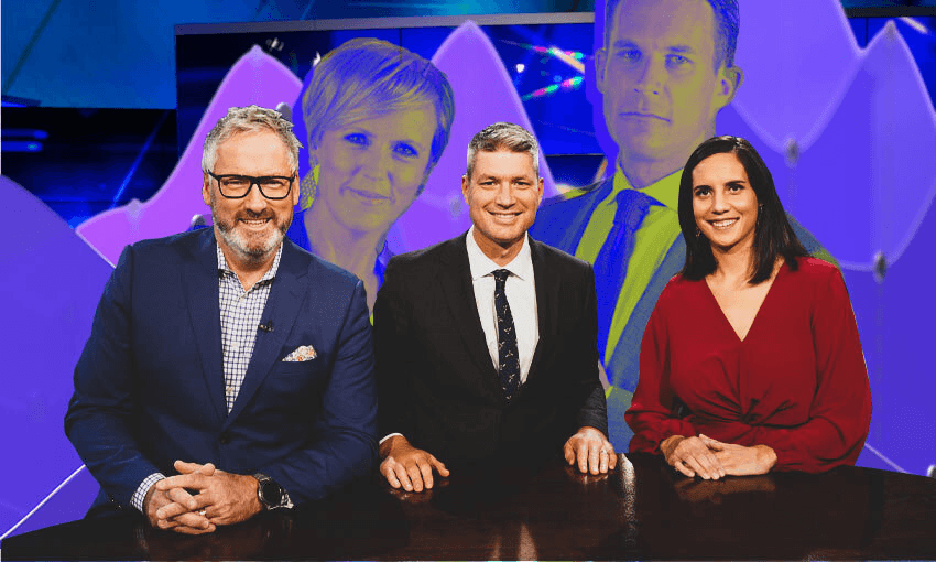 The Project hosts Jeremy Corbett, Jesse Mulligan and Laura Tupou, with Seven Sharp’s Hilary Barry and Jeremy Wells behind (Image: Supplied/Tina Tiller) 

