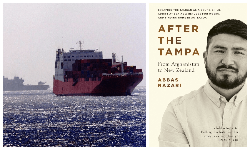 A photograph of a fishing boat, behind it a navy ship, glittering blue sea; a book cover featuring an Afghan man
