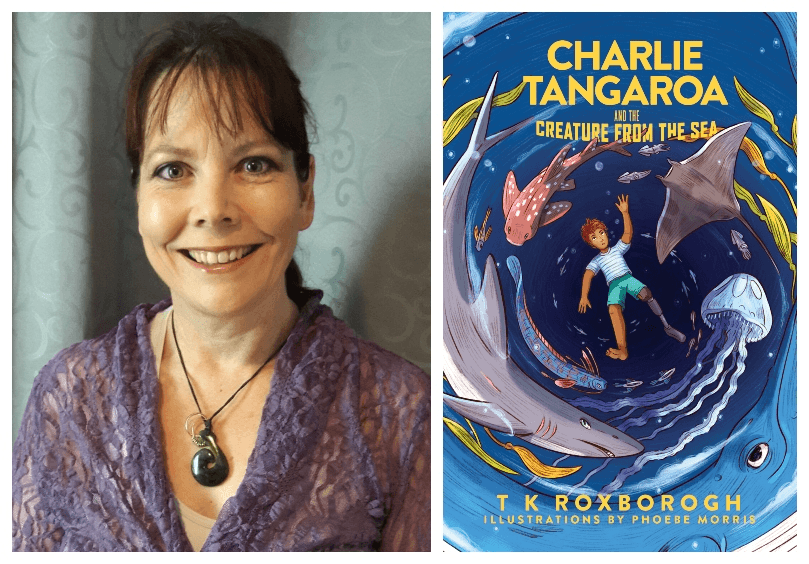 Photograph of a middle-aged woman, hair up, smiling intensely; cover of a chapter book showing a boy in a whirlpool of sea creatures