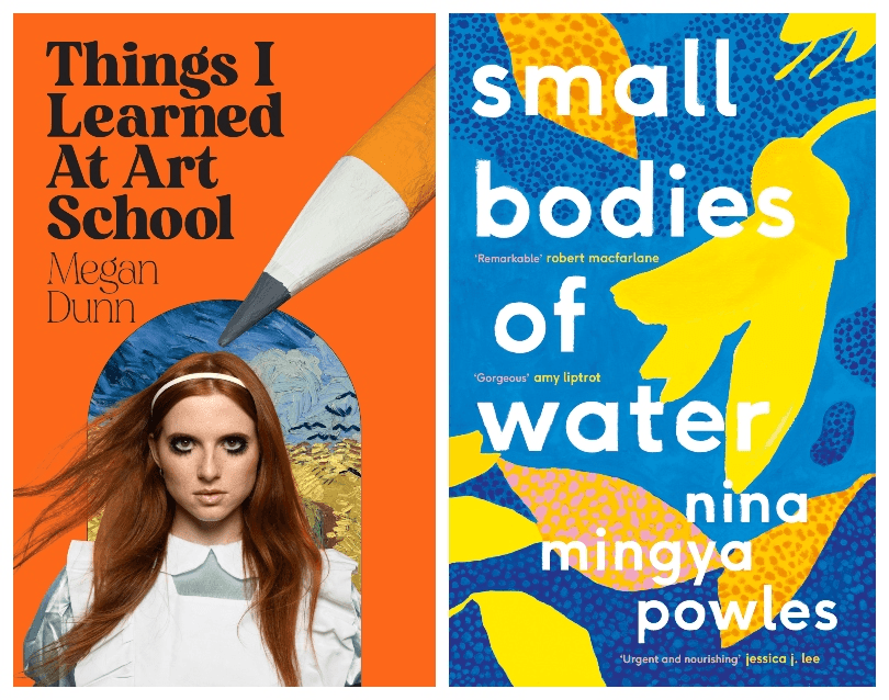 One bright orange book cover featuring a giant pencil and a doe-eyed girl; one blue book cover with the most beautiful illustration of kōwhai flowers