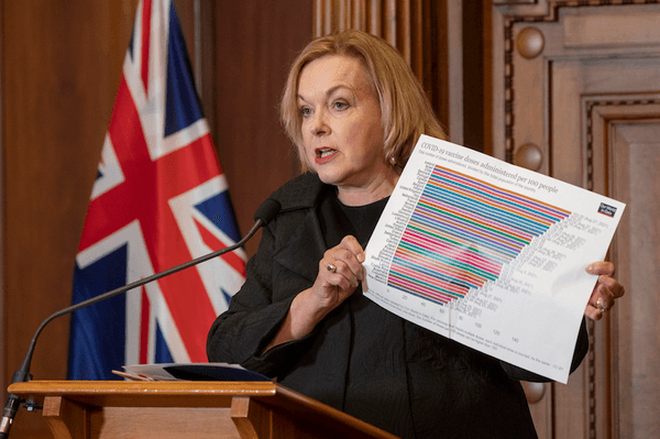 Judith Collins at a Parliament press conference, August 31 2021 (Photo: Mark Mitchell – Pool/Getty Images) 
