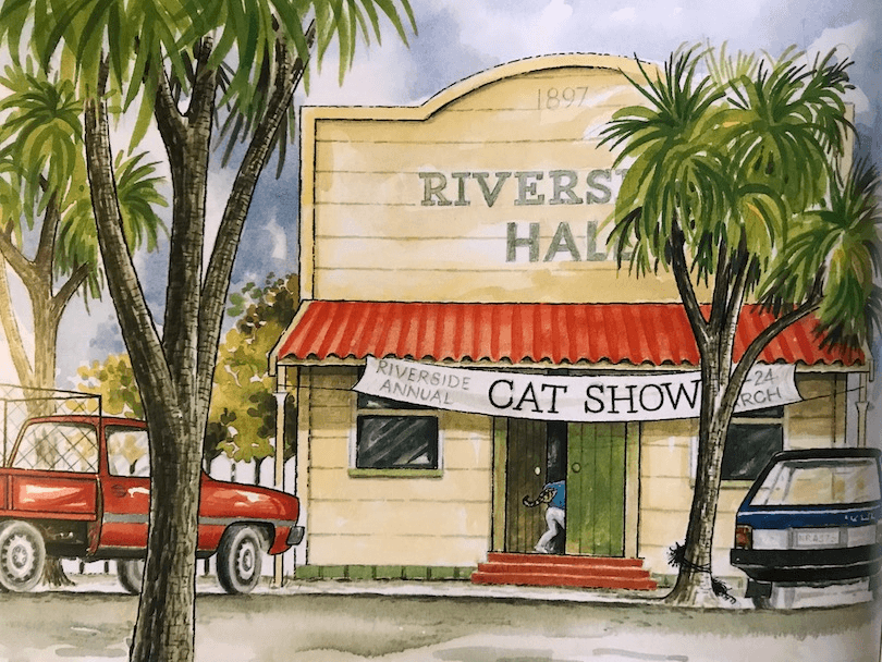 An illustration showing the Riverside Hall flanked by tī kōuka, a ute and a car pulled up outside. 