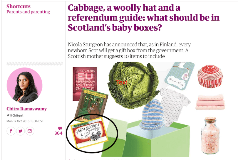 A screenshot from The Guardian showing an array of items that would go in a Scots "baby box" including the Hairy Maclary books