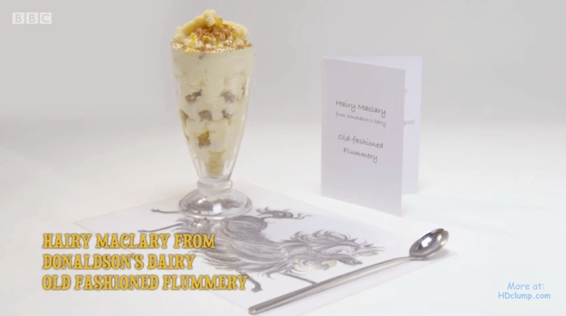 A sundae and spoon, with the words Hairy Maclary from Donaldson's Dairy Old Fashioned Flummery 