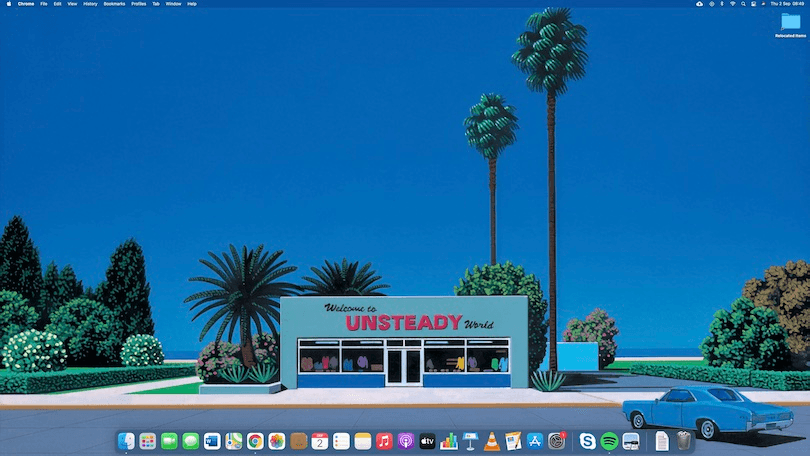 Full screen shot showing the painting Unsteady World, by Hiroshi Nagai, as wallpaper