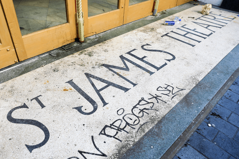 THE LORNE STREET ENTRANCE TO THE ST JAMES, COVERED IN GRAFFITI AND RUBBISH. PHOTO: SONYA NAGELS 

