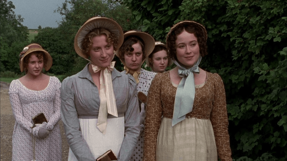 A still from the BBC series of Pride and Prejudice showing all fives of the Bennet daughters.