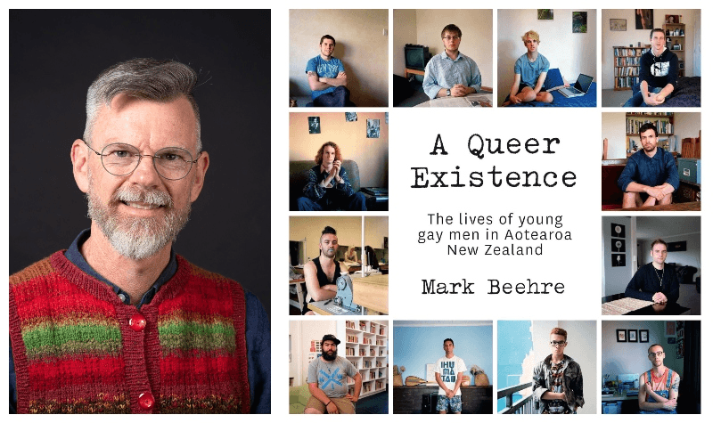 Head and shoulders portrait photo of middle-aged man, wearing red, happy; cover of his book which is a collage of photographs of men