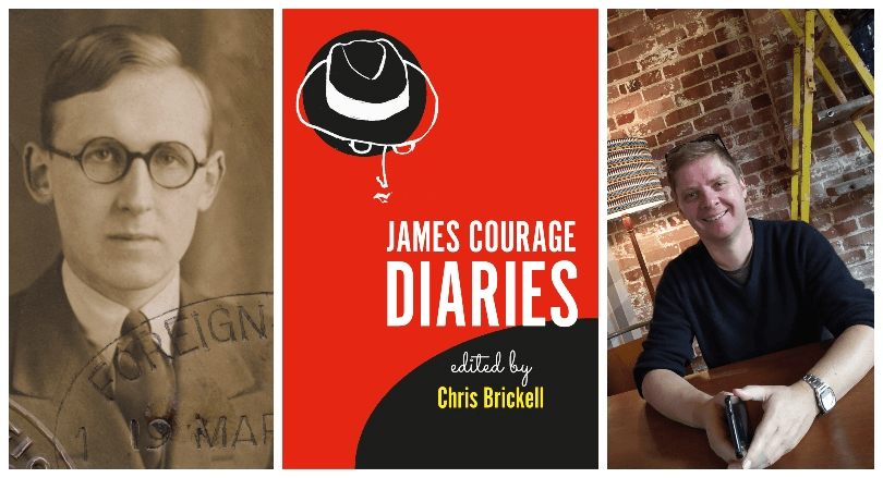 Old sepia-toned photo of a man with dinky glasses and a combover; red book cover; photo of a man at a cafe table, smiling