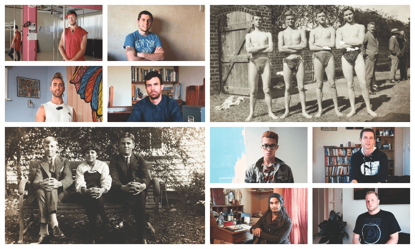 A grid of photographs, some obviously old and others modern, showing men looking straight to camera. A range of characters, ethnicities, eras.