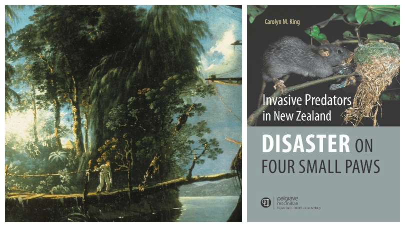 Left panel is an oil painting showing a tree trunk being used as a plank between a sailing ship and the Fiordland shore. Right panel is a book cover showing a rat. 