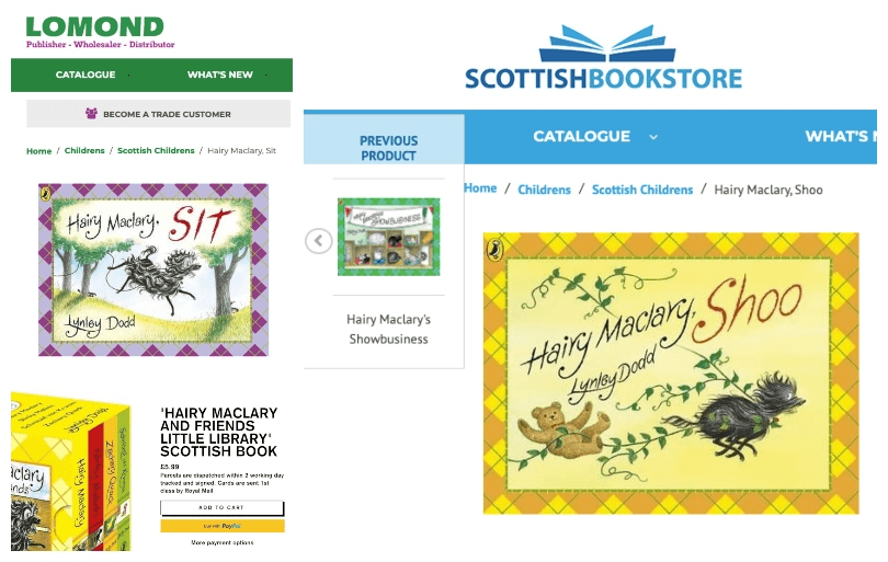 Three screenshots showing Hairy Maclary books for sale as "Scottish books"