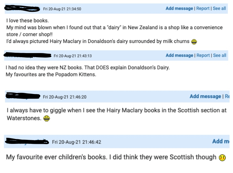 Four mumsnet messages showing people mistaken about the origins of Hairy Maclary