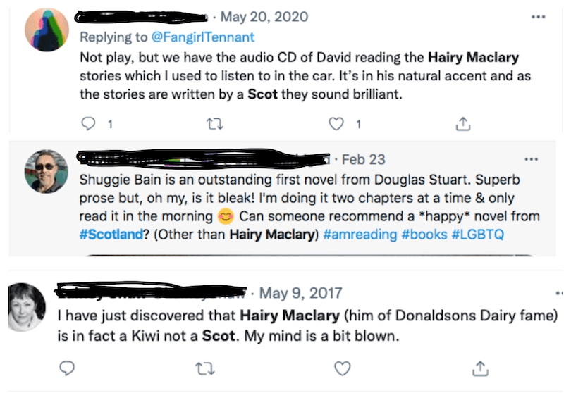 Three tweets in which people casually assume Hairy Maclary is Scottish