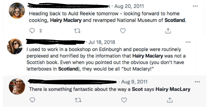 Three more tweets illustrating the assumption that Hairy Maclary is Scottish