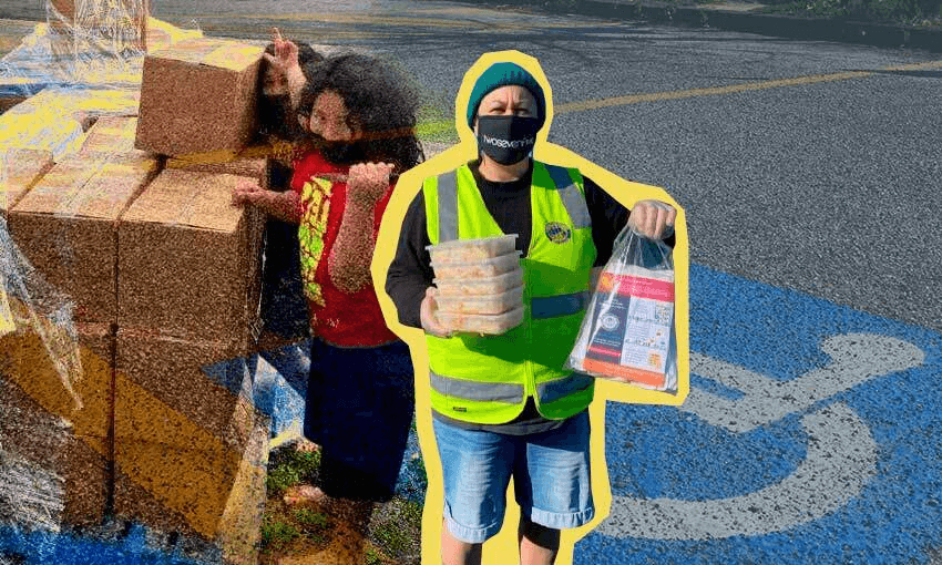 Māngere Connect neighbourhood support area coordinator Toni Helleur and in the background, her sons with deliveries for people in the community (Images: Supplied/Tina Tiller)