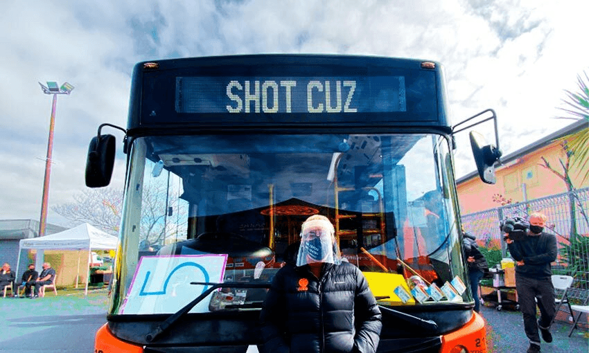 Manurewa marae chief executive  Takutai Moana Natasha Kemp outside the new Shot Cuz vaccination bus.  

