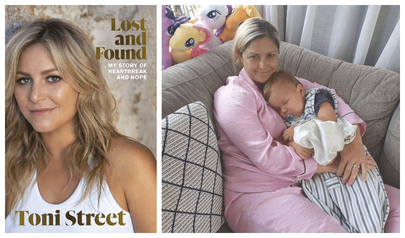 Left: book cover, Toni looking very beautiful, tawny makeup, blonde hair; Right: Toni knackered, in pink PJs on the couch, cuddling a sleeping bub