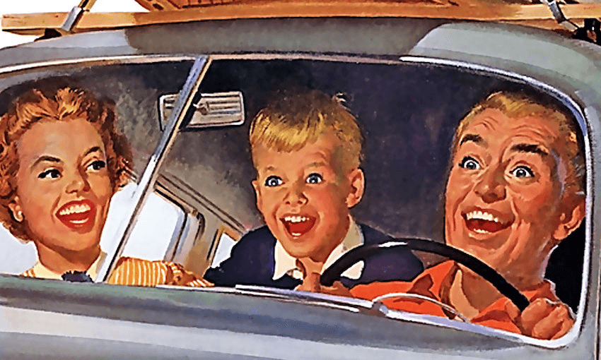 1950s illustration of parents and a kid on a road trip, smiling like maniacs..
