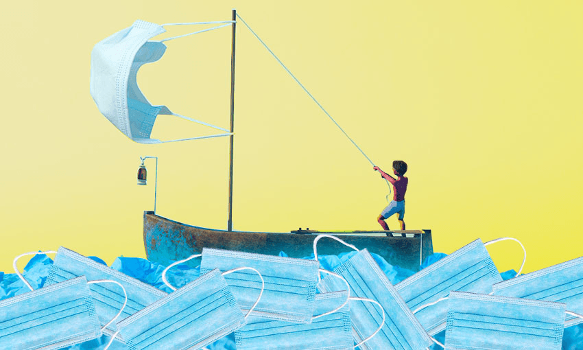 A person steering a boat with a face mask for a sail, on a sea of face masks.