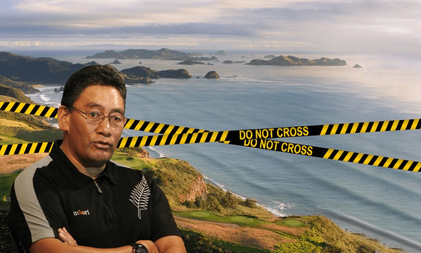 Picture of Hone Harawira over a Northland beach with tape across it that reads "do not cross".