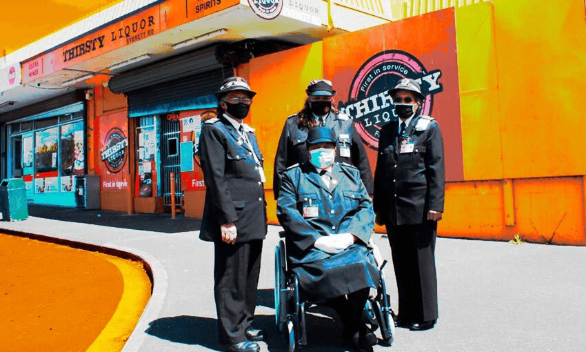 South Auckland Māori wardens, from left, Atawhai Hauwai, Rev Olive Wallace (seated), Mereana Peka and Kathleen Ahpene in front of one of the liquor stores in their area. (Photo: Justin Latif/ Tina Tiller) 

