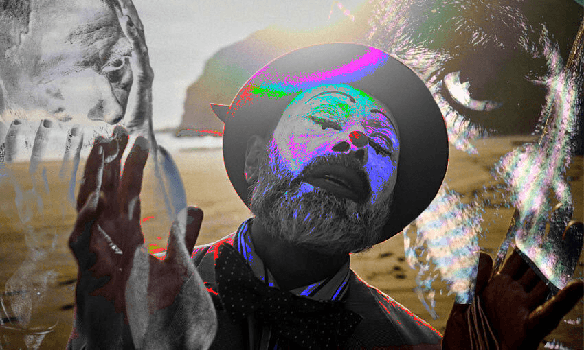 Nadeem Shafi dressed as a clown and wandered along Te Henga (Image: Supplied/Tina Tiller) 
