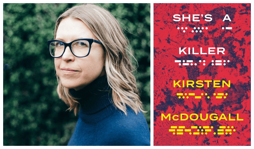 Head and shoulders portrait of a middle-aged woman, dark turtleneck, dark glasses, intelligent look about her. Livid red book cover featuring blips and dots of Morse code beneath each word. 