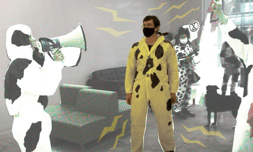 Michael Apáthy protesting at Fonterra’s Wellington HQ (Image: Supplied/Tina Tiller)