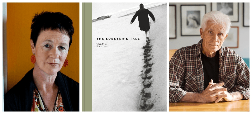Photographs of solemn-looking middle aged man and a middle aged woman, flanking the cover of the book they worked on together. 